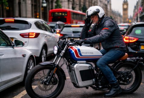 Maeving RM1S in heavy traffic